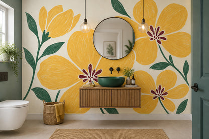 Yellow Flowers Wallpaper Hand Drawn Botanical Wall Mural