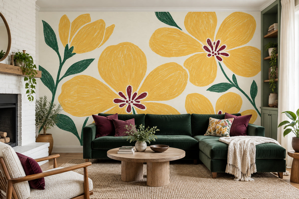 Yellow Flowers Wallpaper Hand Drawn Botanical Wall Mural