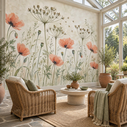 Watercolor Poppies Wallpaper Muted Green Botanical Wall Mural