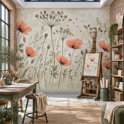 Watercolor Poppies Wallpaper Muted Green Botanical Wall Mural