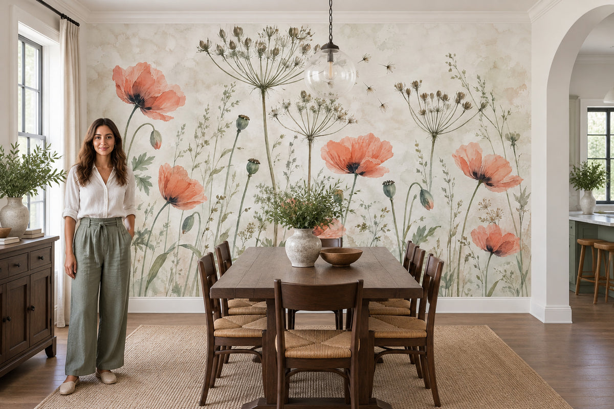 Watercolor Poppies Wallpaper Muted Green Botanical Wall Mural