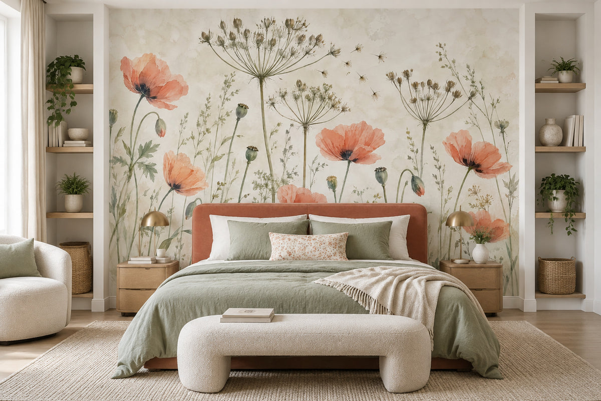 Watercolor Poppies Wallpaper Muted Green Botanical Wall Mural