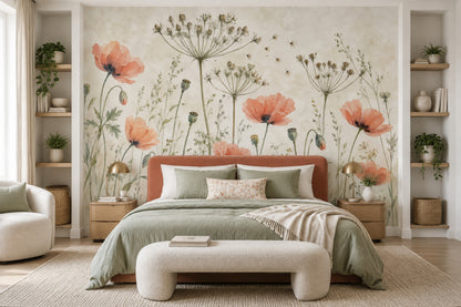 Watercolor Poppies Wallpaper Muted Green Botanical Wall Mural