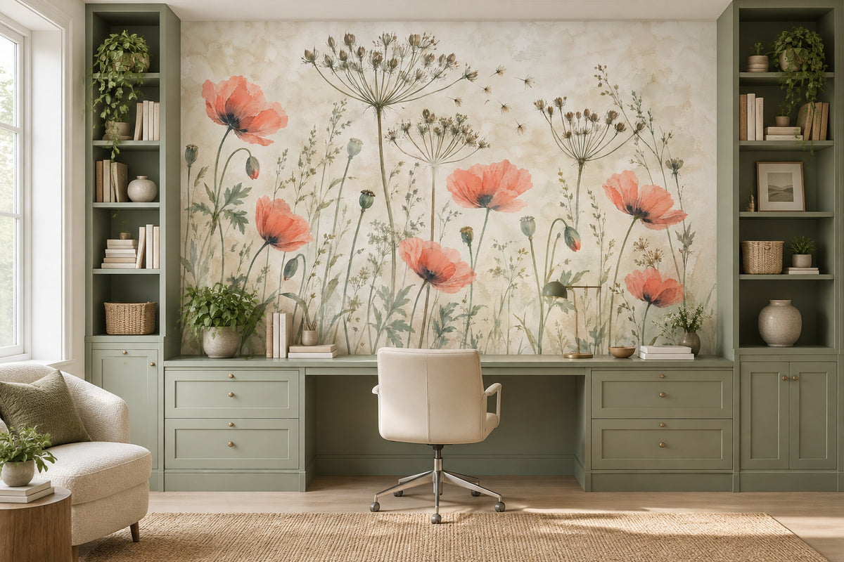 Watercolor Poppies Wallpaper Muted Green Botanical Wall Mural