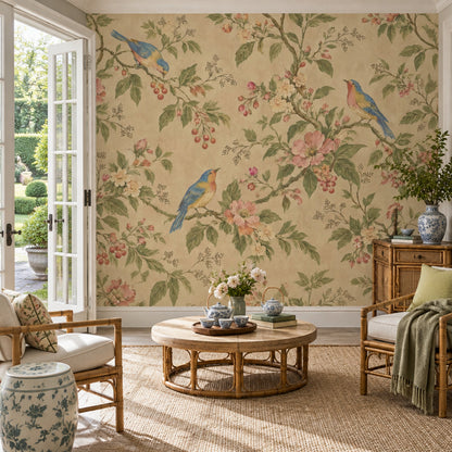 Chinoiserie Birds And Blossom Branches Wallpaper Vintage Botanical Wall Mural