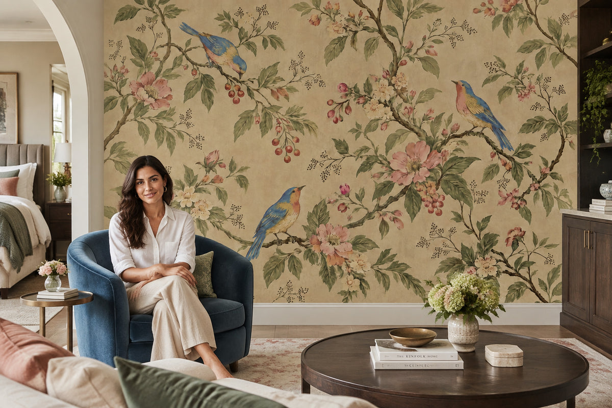 Chinoiserie Birds And Blossom Branches Wallpaper Vintage Botanical Wall Mural