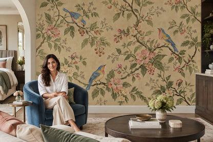 Chinoiserie Birds And Blossom Branches Wallpaper Vintage Botanical Wall Mural