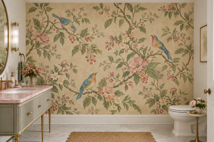 Chinoiserie Birds And Blossom Branches Wallpaper Vintage Botanical Wall Mural