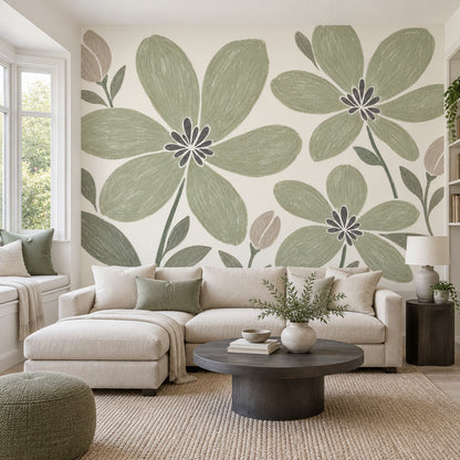 Sage Green Large Floral Wallpaper Hand Drawn Botanical Wall Mural