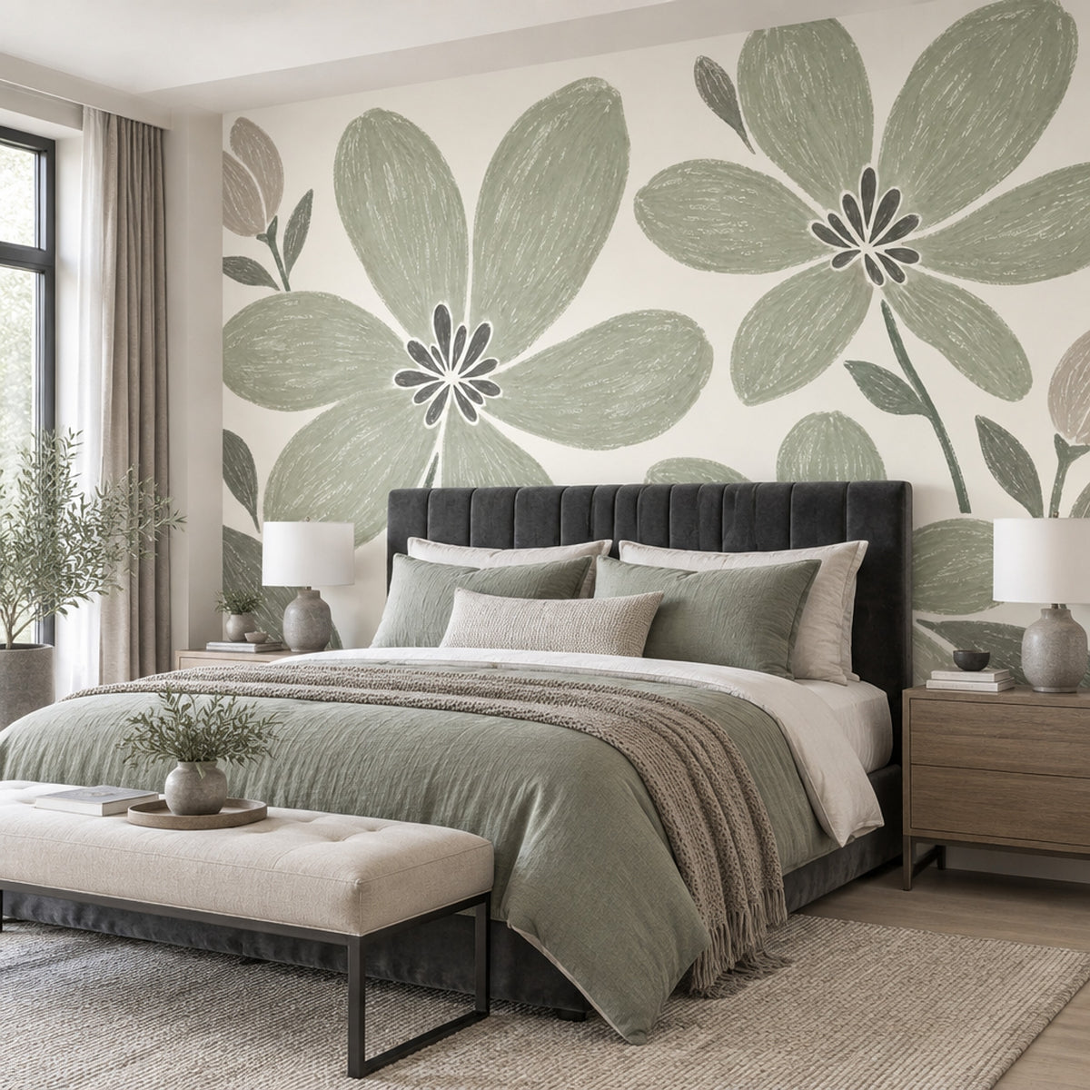 Sage Green Large Floral Wallpaper Hand Drawn Botanical Wall Mural