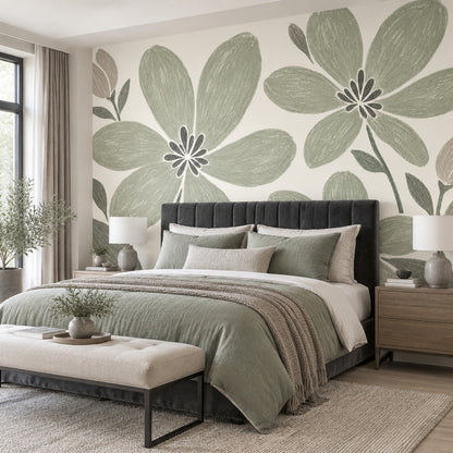 Sage Green Large Floral Wallpaper Hand Drawn Botanical Wall Mural
