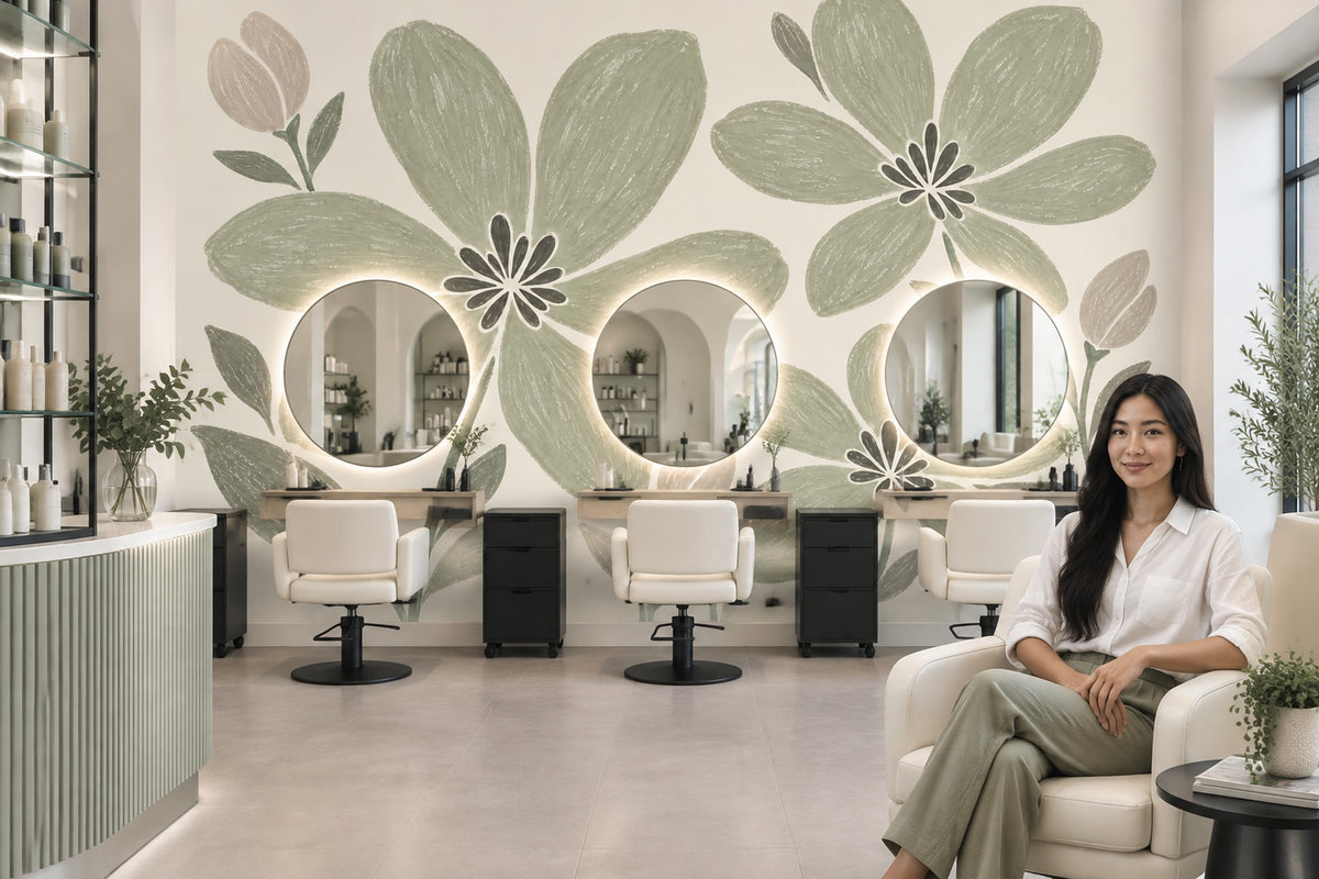 Sage Green Large Floral Wallpaper Hand Drawn Botanical Wall Mural