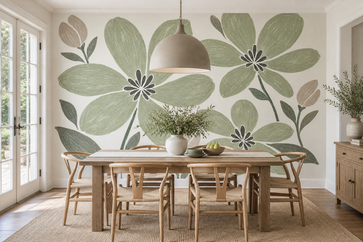 Sage Green Large Floral Wallpaper Hand Drawn Botanical Wall Mural