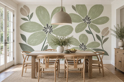 Sage Green Large Floral Wallpaper Hand Drawn Botanical Wall Mural