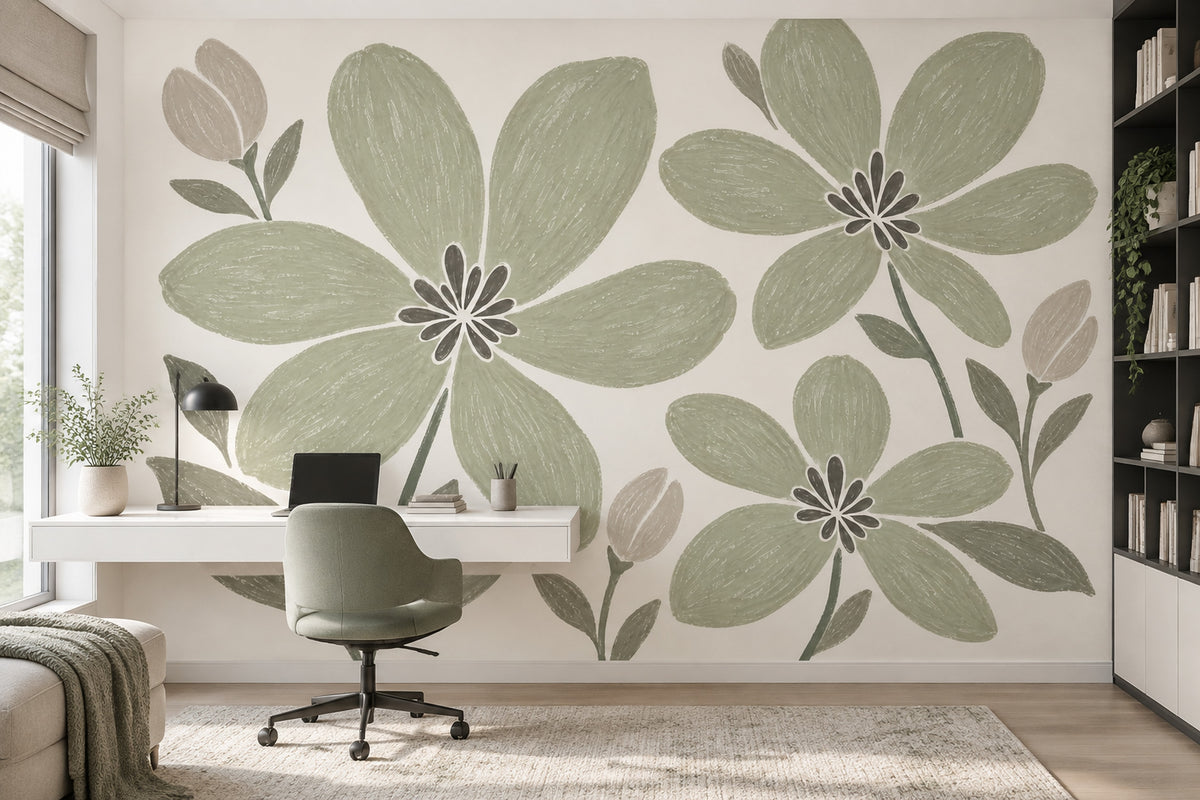 Sage Green Large Floral Wallpaper Hand Drawn Botanical Wall Mural