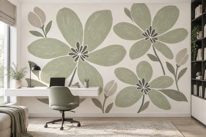 Sage Green Large Floral Wallpaper Hand Drawn Botanical Wall Mural