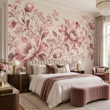 Watercolor Peony Blossoms Wallpaper Cream Botanical Wall Mural