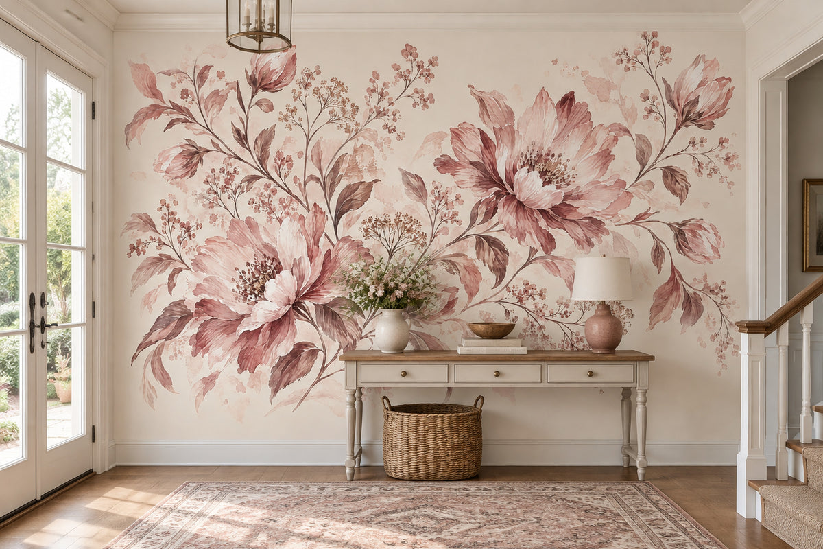 Watercolor Peony Blossoms Wallpaper Cream Botanical Wall Mural