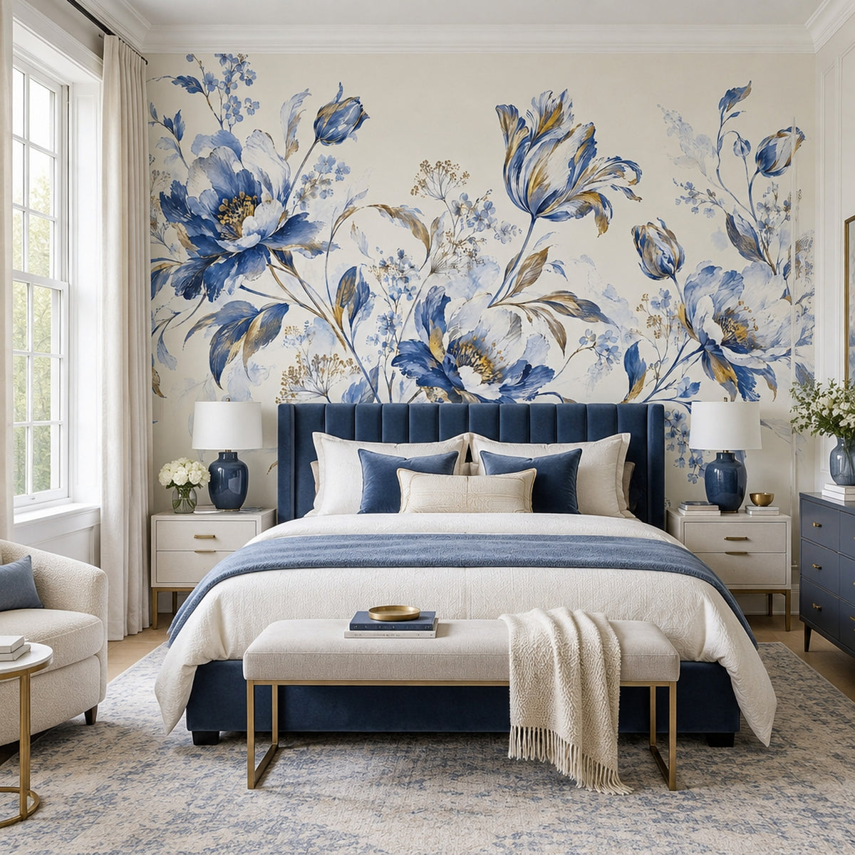 Blue Floral Wallpaper Watercolor Botanical Wall Mural