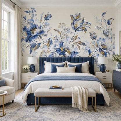 Blue Floral Wallpaper Watercolor Botanical Wall Mural