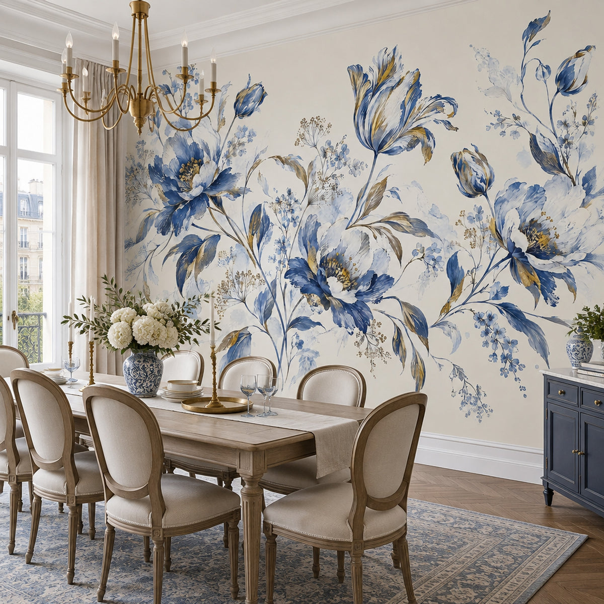 Blue Floral Wallpaper Watercolor Botanical Wall Mural