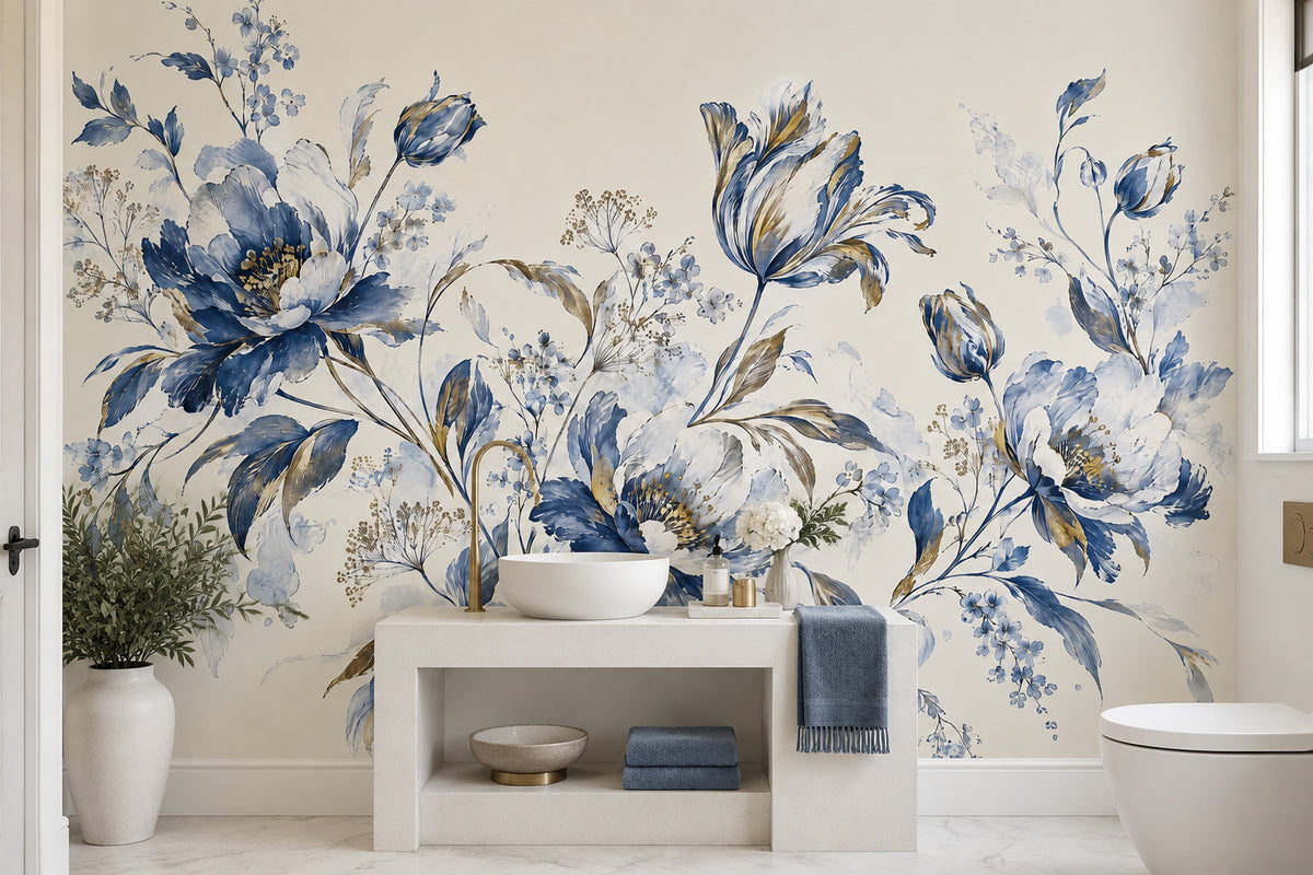 Blue Floral Wallpaper Watercolor Botanical Wall Mural