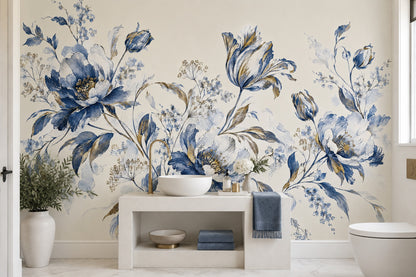Blue Floral Wallpaper Watercolor Botanical Wall Mural
