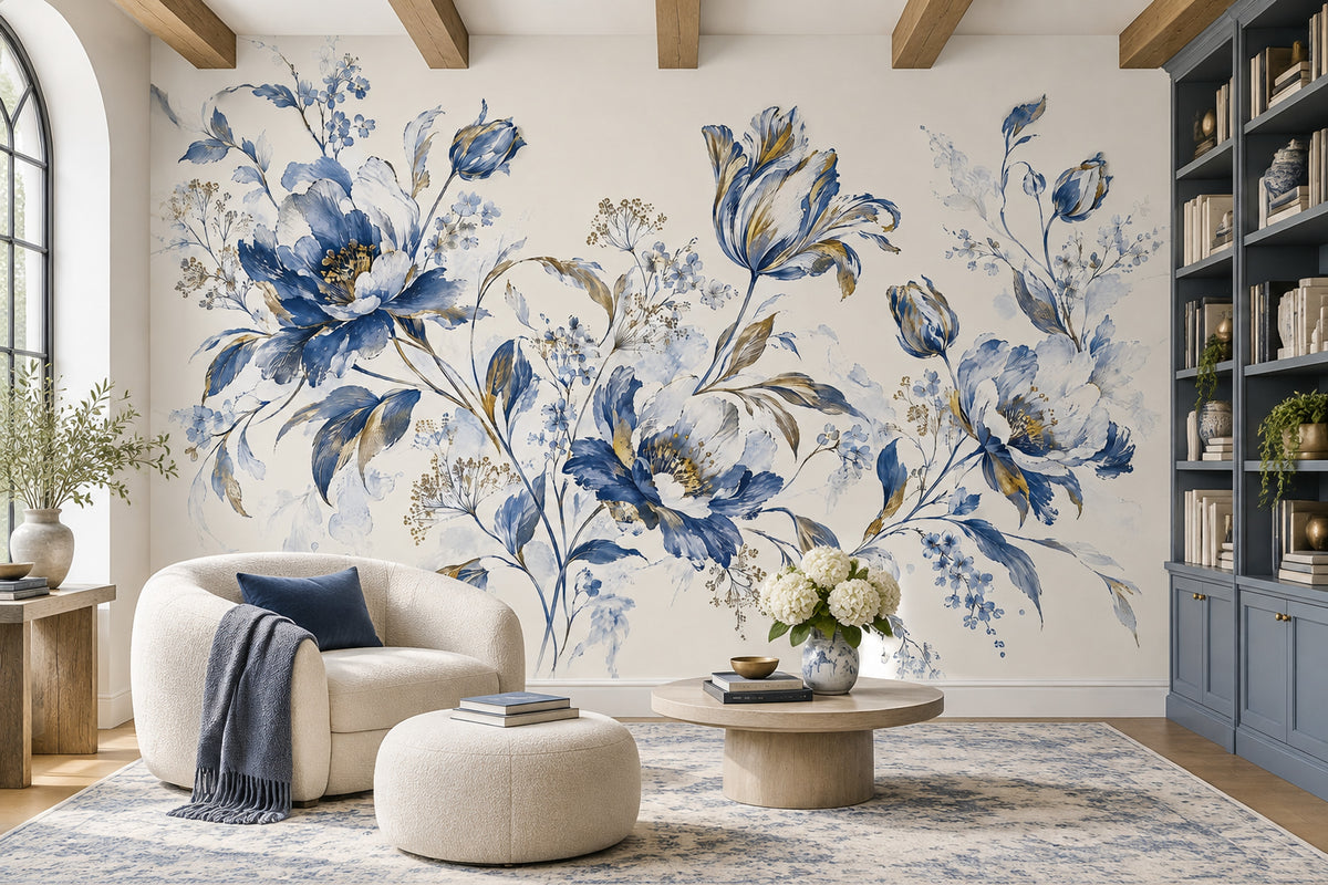 Blue Floral Wallpaper Watercolor Botanical Wall Mural