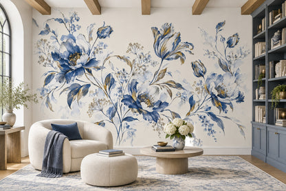 Blue Floral Wallpaper Watercolor Botanical Wall Mural