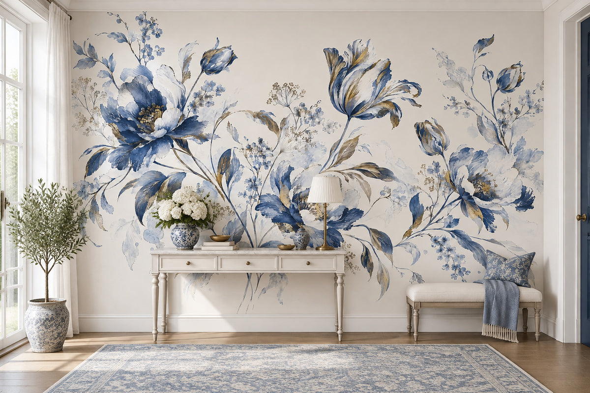 Blue Floral Wallpaper Watercolor Botanical Wall Mural
