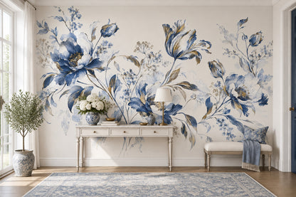 Blue Floral Wallpaper Watercolor Botanical Wall Mural