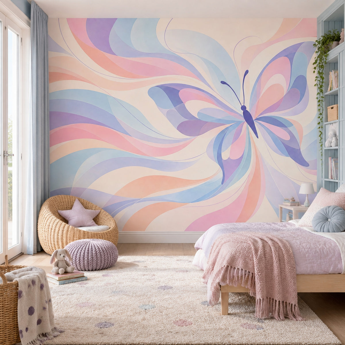 Pastel Butterfly Wallpaper Watercolor Flowing Curves Wall Mural