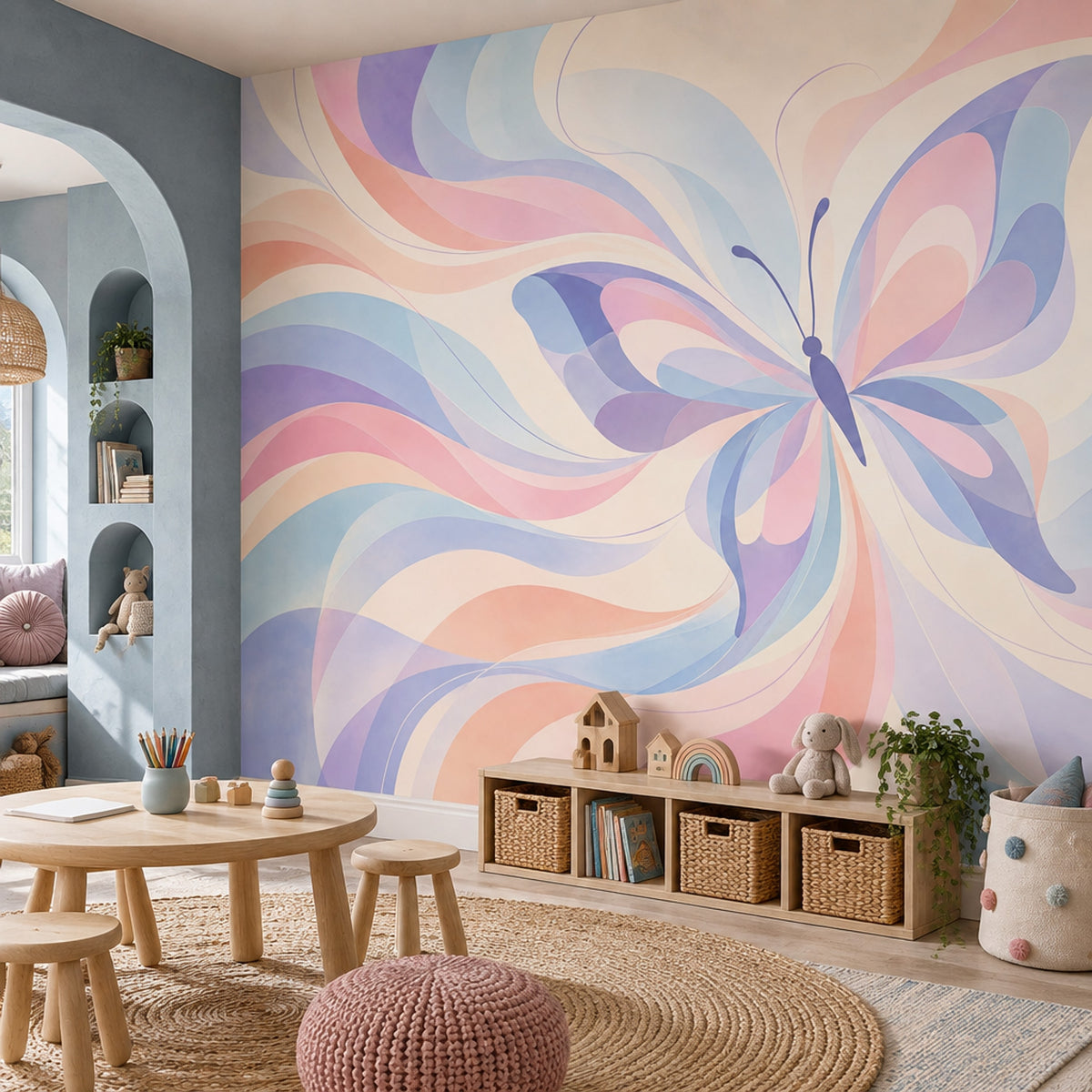 Pastel Butterfly Wallpaper Watercolor Flowing Curves Wall Mural