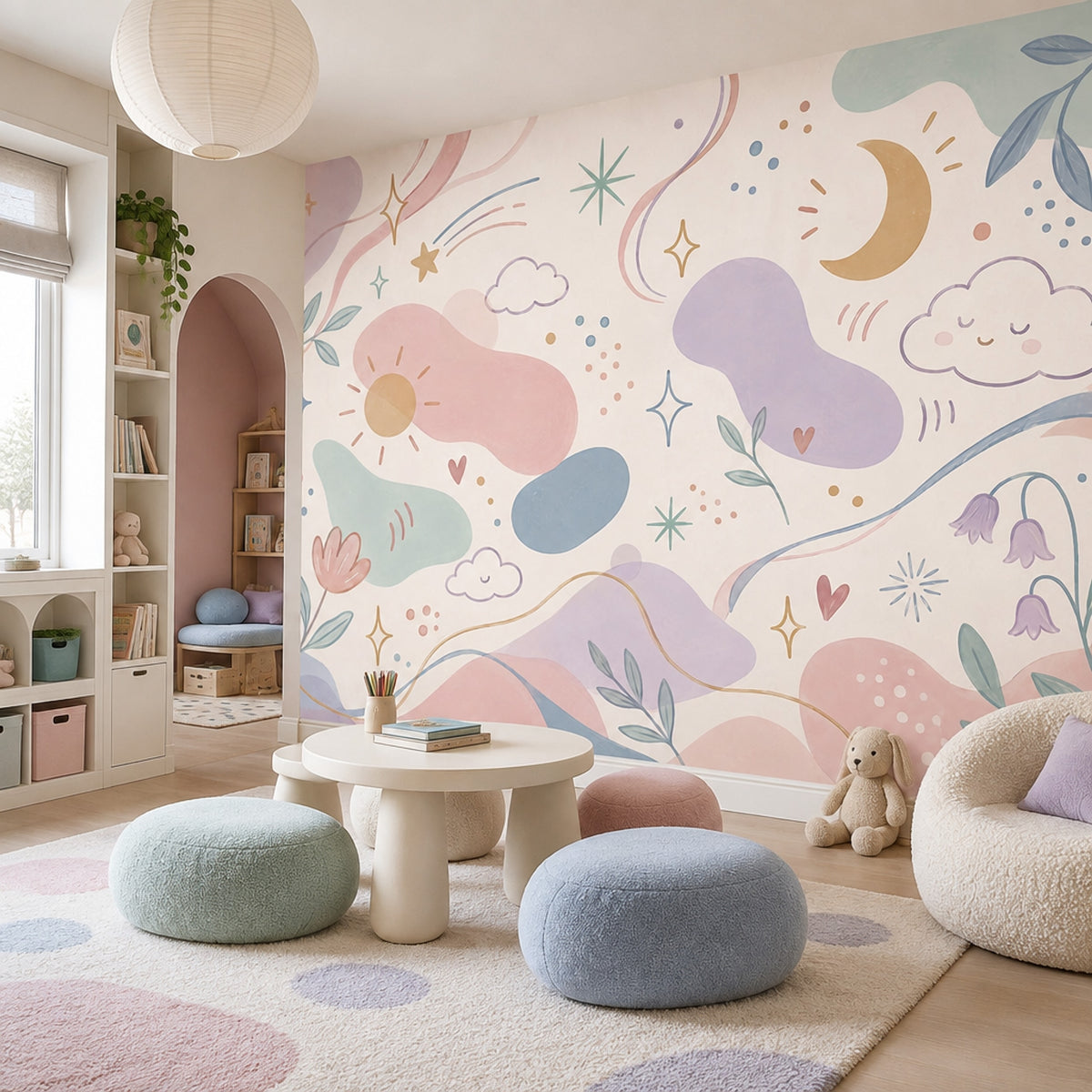 Celestial Clouds And Moon Wallpaper Pastel Kids Wall Mural