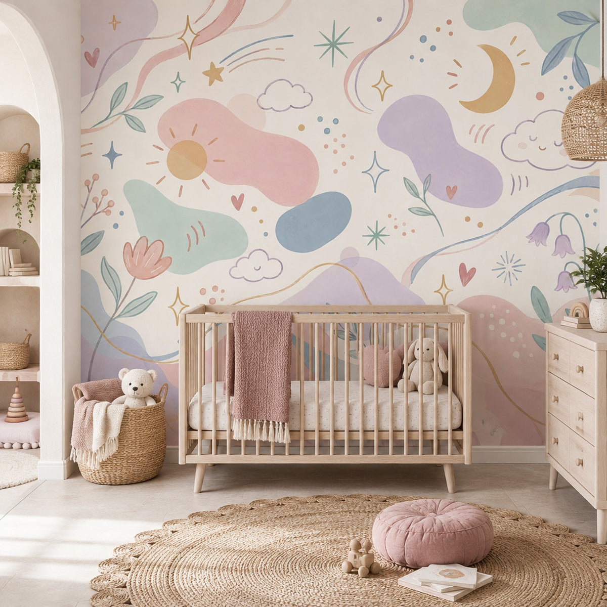 Celestial Clouds And Moon Wallpaper Pastel Kids Wall Mural