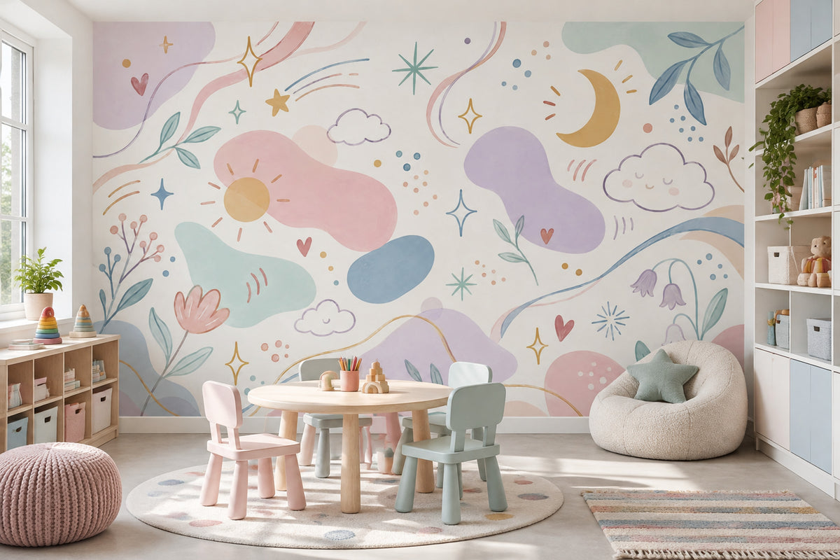 Celestial Clouds And Moon Wallpaper Pastel Kids Wall Mural