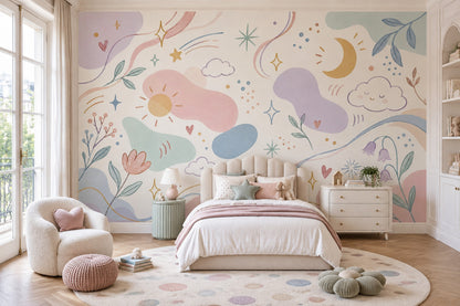 Celestial Clouds And Moon Wallpaper Pastel Kids Wall Mural