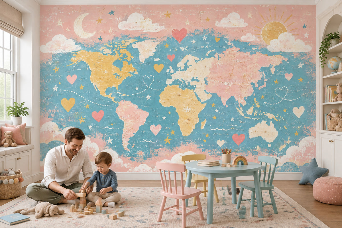 Pastel World Map Wallpaper Kids Travel Wall Mural