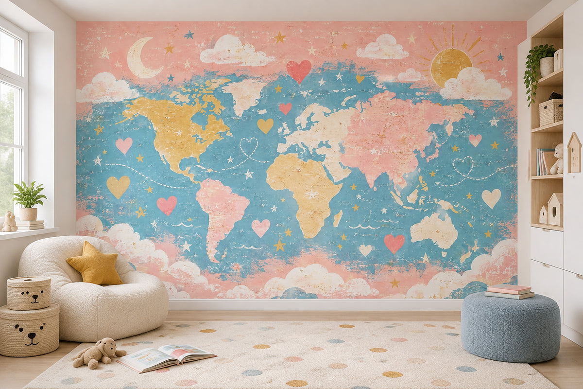 Pastel World Map Wallpaper Kids Travel Wall Mural