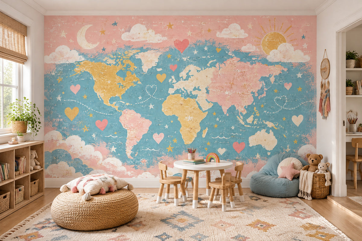 Pastel World Map Wallpaper Kids Travel Wall Mural