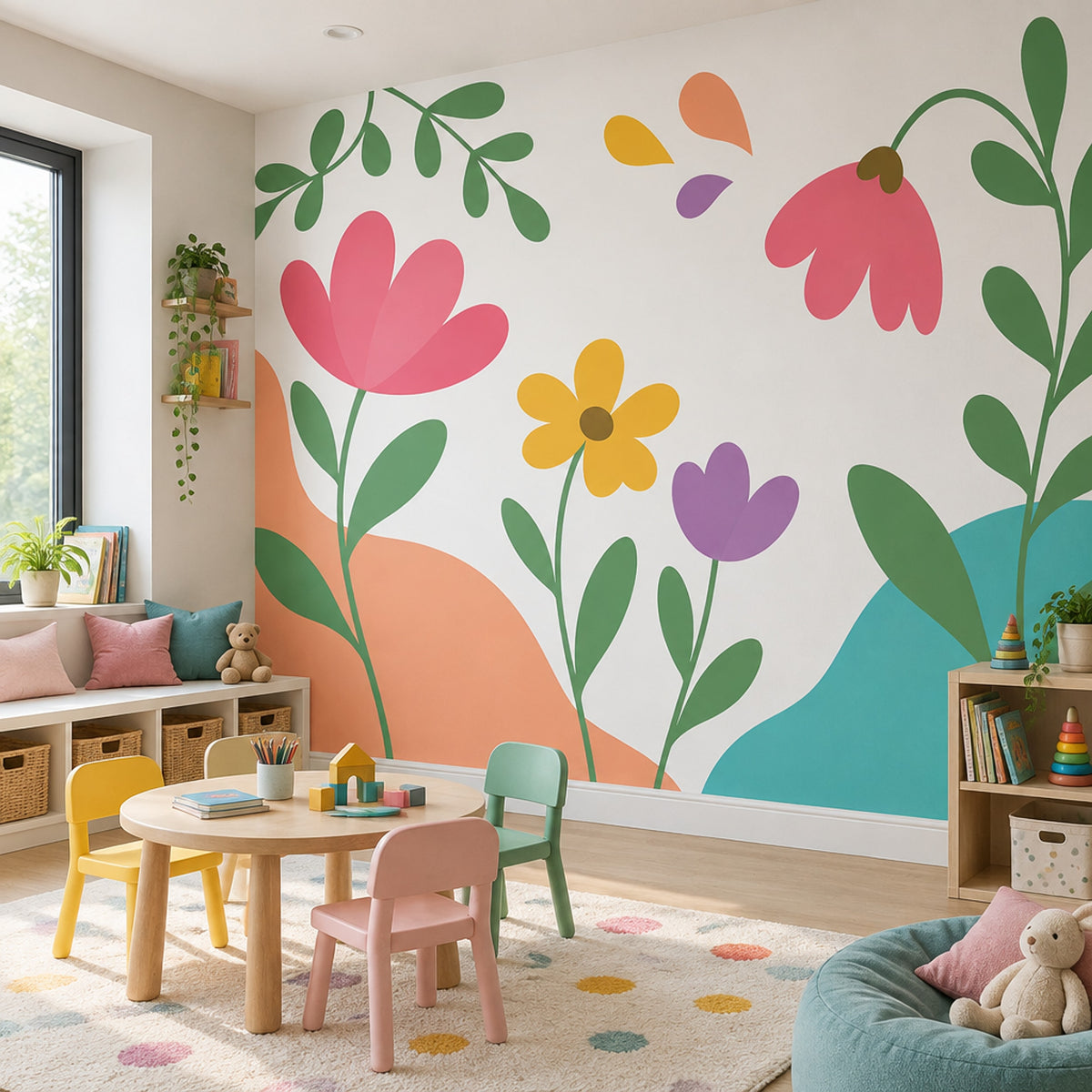 Modern Floral Illustration Wallpaper White Background Wall Mural