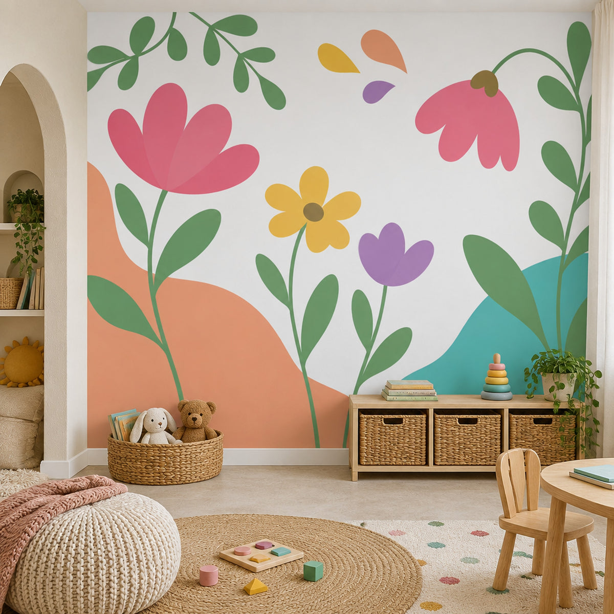 Modern Floral Illustration Wallpaper White Background Wall Mural