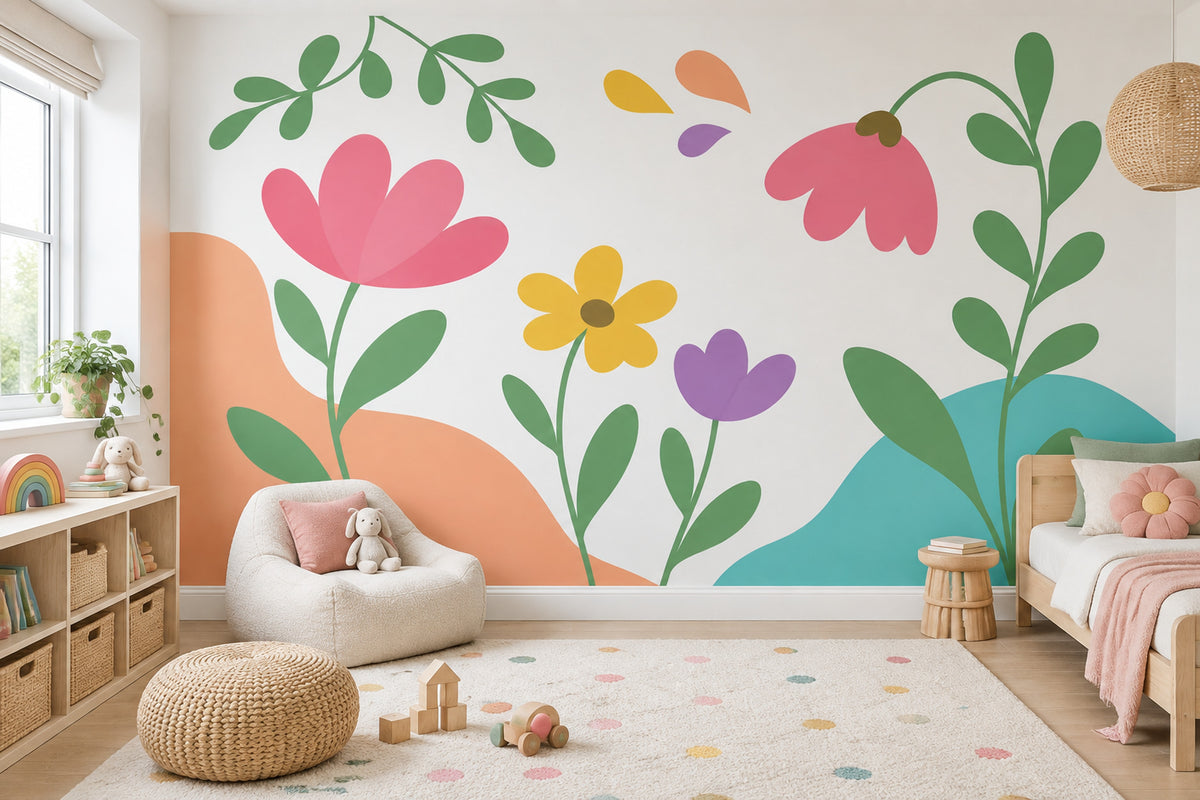 Modern Floral Illustration Wallpaper White Background Wall Mural