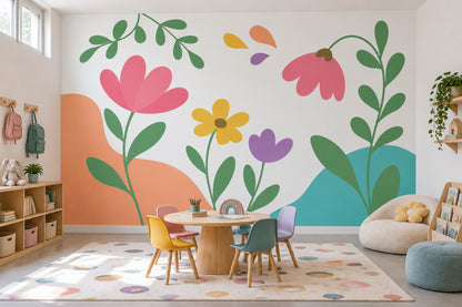 Modern Floral Illustration Wallpaper White Background Wall Mural