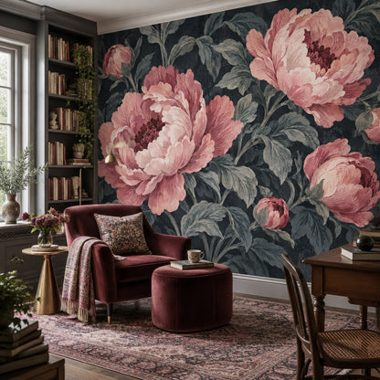 Pink Peony Wallpaper Dark Floral Wall Mural