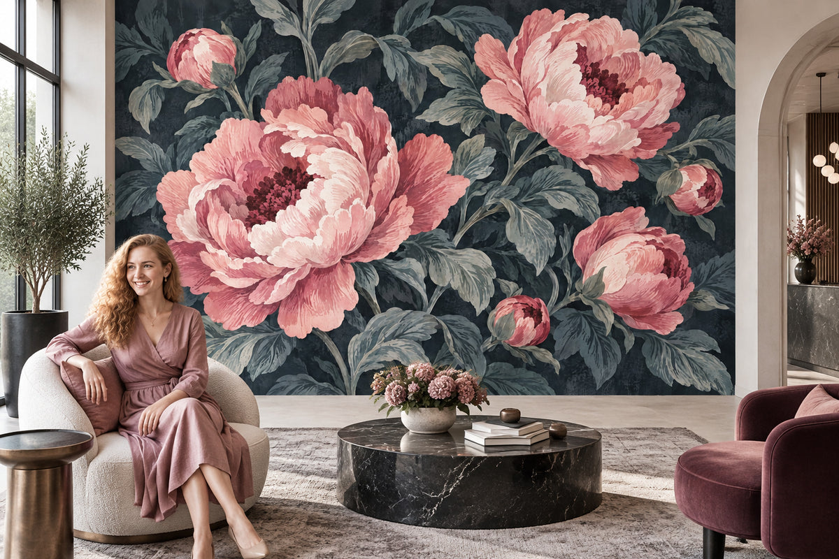 Pink Peony Wallpaper Dark Floral Wall Mural