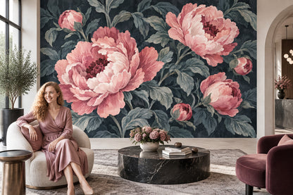 Pink Peony Wallpaper Dark Floral Wall Mural