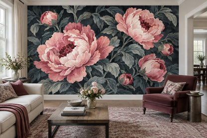 Pink Peony Wallpaper Dark Floral Wall Mural