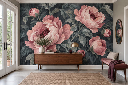 Pink Peony Wallpaper Dark Floral Wall Mural