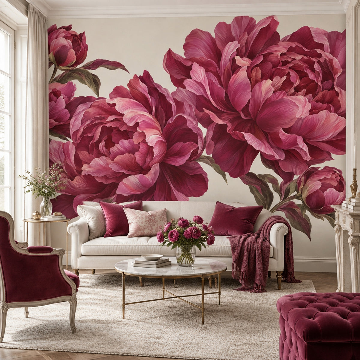 Large Peony Wallpaper Muted Green Leaves Wall Mural